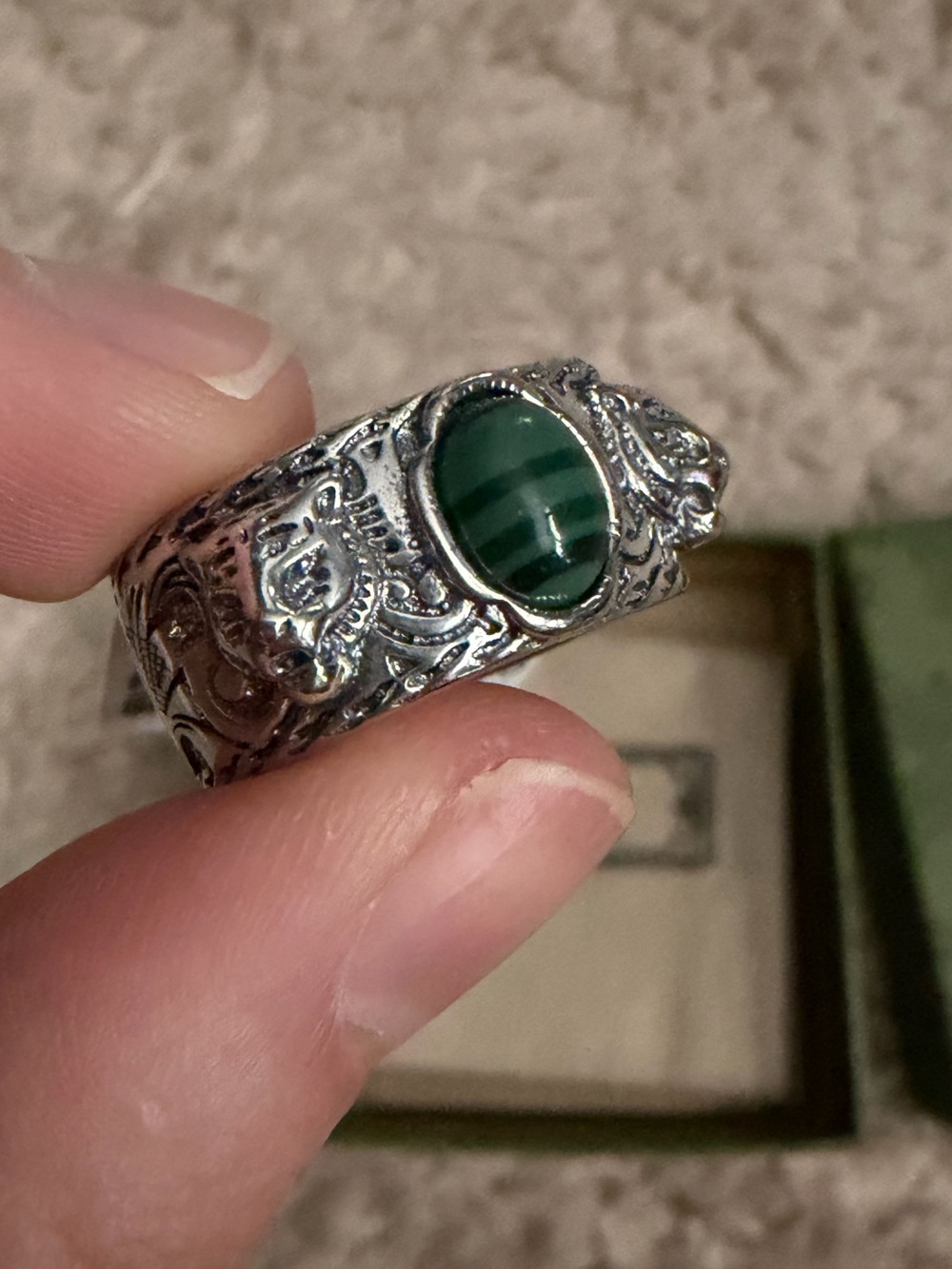 Authentic Gucci Garden Feline Head Malachite Ring 925 Ring Size 8 – New with Box